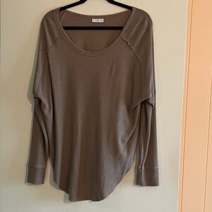 TNA Taupe Ribbed Scoop-Neck Long Sleeve Top